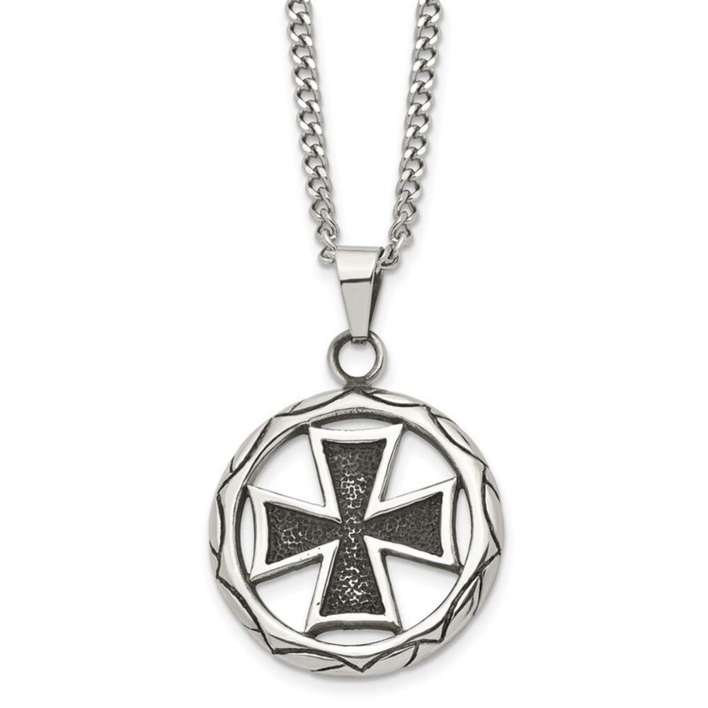 Men's Stainless Steel Antiqued Maltese Cross Circle Necklace, 22 Inch